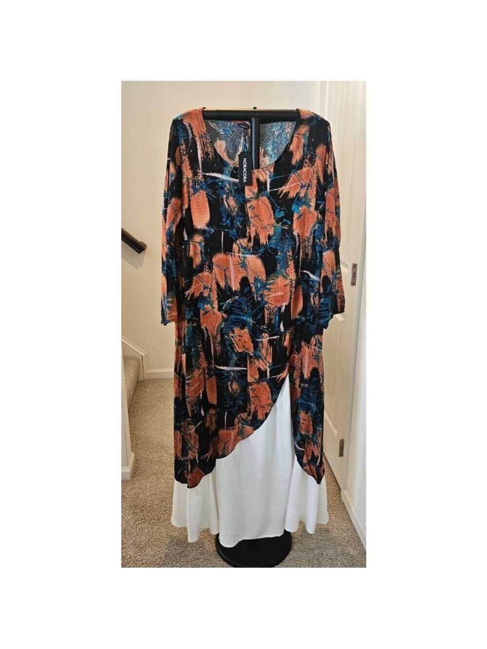 Women's NWT Noracora Maxi Dress Size XL Black Orange Blue Contrasting White Hem